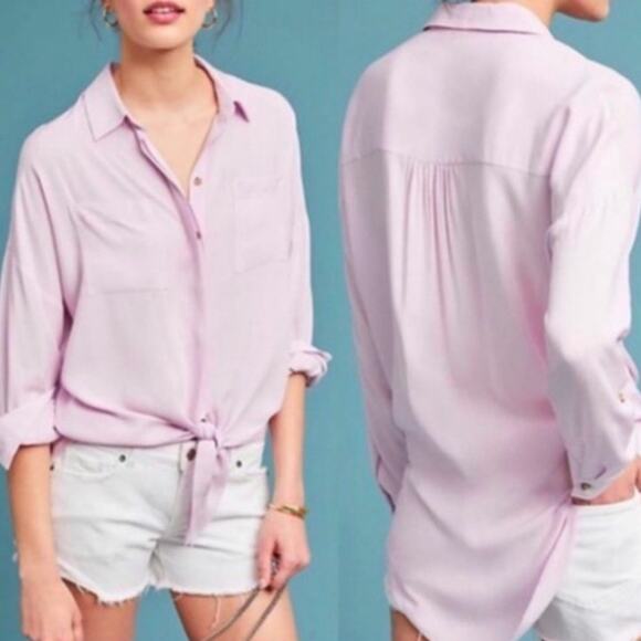 Maeve Tie Front Shirt Large Pale Pink Roll Tab Sleeves Preppy Summer Minimalist - Picture 1 of 8